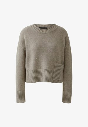 Grey knit sweater with a round neckline, ribbed cuffs, and a front pocket. Cropped design with a soft texture.