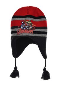 Red and black knit beanie with gray stripes; features an Avengers graphic; includes tassels at ear flaps; warm, soft material.