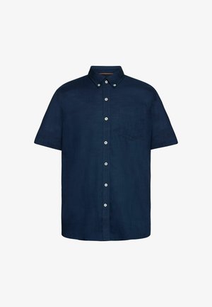 Marineblå kortærmet skjorte med knapper og knappet krave samt enkelt brystlomme, vist på hvid baggrund.