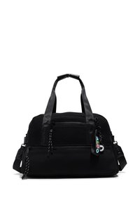 Schwarze Nylon-Reisetasche mit Netz-Akzenten, doppelten Griffen oben, abnehmbarem Schultergurt und Reißverschlusstaschen. Mit bunten Hardware-Labels.