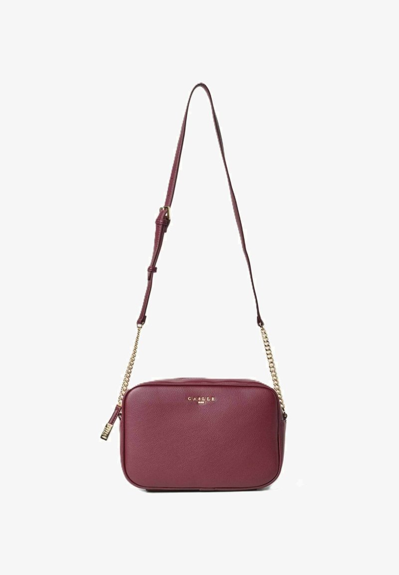 Borsa a tracolla bordeaux in pelle testurizzata. Forma rettangolare con tracolla in catena dorata e logo in rilievo sul davanti.