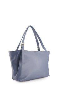 Blaues Leder-Shopper mit strukturiertem Finish. Verfügt über zwei lange Tragehandgriffe und goldfarbene Beschläge. Offenes Design mit geräumigem Innenraum.