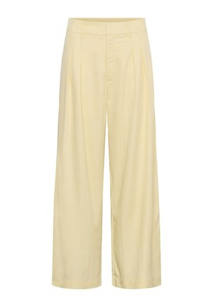 Pantaloni largi de culoare galben deschis, cu pliuri în față, talie cu bucle pentru curea și închidere frontală ascunsă.