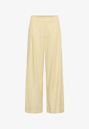 Pantaloni giallo chiaro a gamba larga con pieghe frontali, vita con passanti per cintura e chiusura frontale nascosta.
