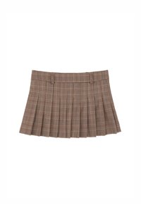 Gonna a pieghe a quadri marrone con fascia in vita. Il materiale ha una finitura texture. Il motivo presenta linee che si incrociano in tonalità più chiare e più scure.