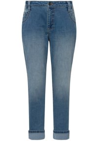 Džíny z denimu v světle modré barvě, se zúženým střihem a ohrnutými manžetami, s klasickým pětikapsovým designem a mírným vyblednutím na látce.