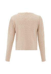 Pulover bej cu mânecă lungă, având un model texturat în dungi și un guler moale, cu margini desfăcute. Design simplu, ajustat, cu un siluete cropped.