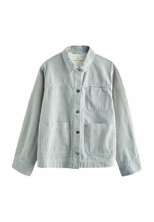 Striped jacket in lightweight fabric; features a collar, button front, two front pockets, and a relaxed fit. Colors are blue and white.