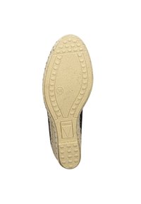 Suela de esparto negra con suela de goma beige texturizada. Presenta patrones circulares elevados y un logotipo. La etiqueta de tamaño indica 38.