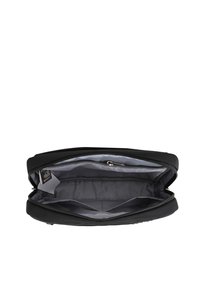 Borsa per laptop in tessuto nero con esterno testurizzato, chiusura con zip e un ampio interno grigio dotato di diversi scompartimenti per l'organizzazione.