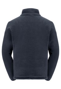 Giacca in pile blu scuro con colletto alto, caratterizzata da una texture morbida e maniche lunghe, progettata per calore e comfort.