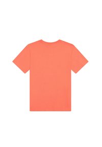 Koraalkleurig t-shirt met korte mouwen van katoenmix, eenvoudig ontwerp met een ronde hals, met een zachte textuur en zonder zichtbare patronen of accenten.