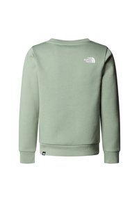 Zelená bavlnená mikina s okrúhlym výstrihom, rebrovanými manžetami a lemom. Na hornom chrbte je biely nápis. Mäkká, hladká textúra.