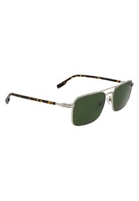 Ochelari de soare cu ramă metalică și lentile verzi rectangulare. Temele cu model de țestoasă și accente argintii. Design ușor și elegant.