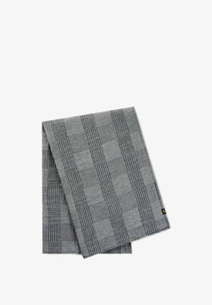 Folded gray towel with a textured checkered pattern of small square grids and stripes on a white background.