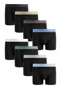 Schwarze Boxershorts mit elastischen Taillenbändern in verschiedenen Farben: grau, beige, burgunderrot, blau, grün, weiß und hellgrau, mit "NEXT"-Markenbranding.