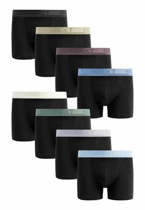 Boxer shorts noirs avec des ceintures élastiques de différentes couleurs : gris, beige, bordeaux, bleu, vert, blanc et gris clair, arborant la marque "NEXT".