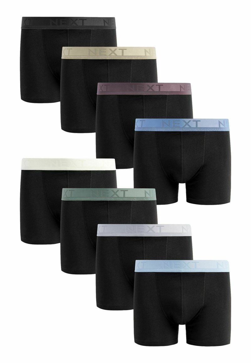Schwarze Boxershorts mit elastischen Taillenbändern in verschiedenen Farben: grau, beige, burgunderrot, blau, grün, weiß und hellgrau, mit "NEXT"-Markenbranding.