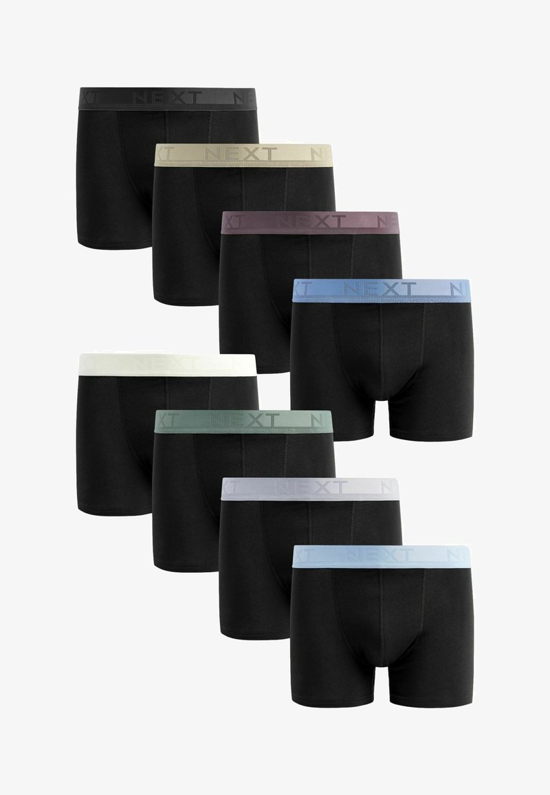 Fekete boxer alsónadrágok, különböző színű gumis derékpántokkal: szürke, bézs, burgundi, kék, zöld, fehér és világosszürke, a "NEXT" márkajelzéssel.