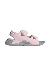 Infradito rosa realizzate in materiale morbido, con due cinturini regolabili in Velcro, un design con ritagli e una suola grigia resistente per il massimo comfort.