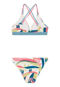 Bikini-setti, jossa on kolmiotoppi ristikkäisillä hihnoilla, värikkäällä lehtikuviolla, jossa on vaaleanpunaisia, vihreitä ja laivastonsinisiä yksityiskohtia. Alusosa on samanlaista mallia.