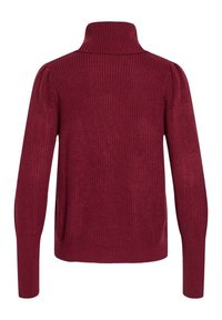 Pull à col roulé en maille côtelée bordeaux avec manches longues et légère bouffante aux coutures des épaules, présenté de dos.