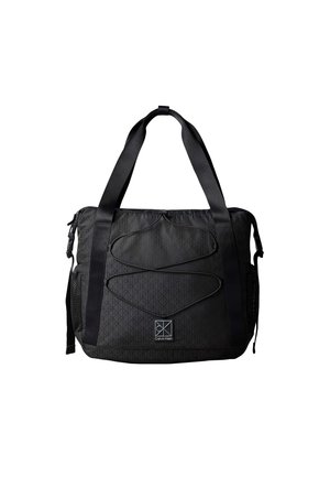 Sac fourre-tout noir Calvin Klein avec doubles poignées, détail en cordon élastique, poches latérales en filet et écusson logo à l'avant.