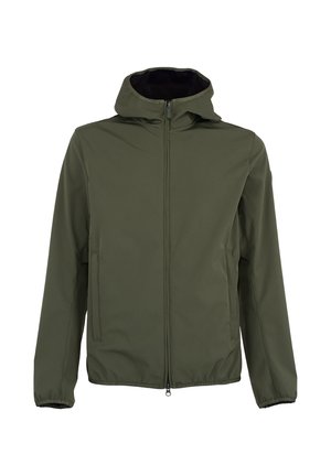 Giacca con cappuccio verde oliva con cerniera, maniche lunghe, tasche laterali e polsini elasticizzati, mostrata su uno sfondo bianco.