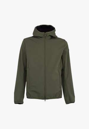 Olivově zelená bunda na zip s kapucí, dlouhými rukávy, bočními kapsami a elastickými manžetami, zobrazena na bílém pozadí.