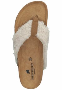 Infradito beige chiaro con tomaia in morbida pelliccia, soletta in suede color sabbia, modellato in taglia 38. Presenta un design semplice con lacci a infradito.