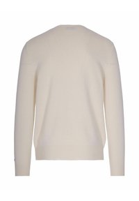 Pull en tricot à manches longues de couleur crème avec des poignets et un bas côtelés, présenté de dos sur un fond blanc uni.