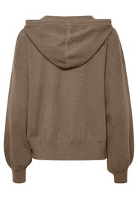 Brown hooded sweatshirt featuring a loose fit, ribbed cuffs, and a soft texture. The design includes a round neckline and dropped shoulders.