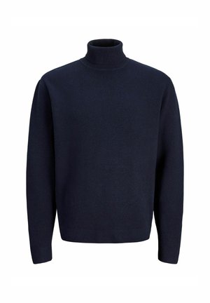 Mörkblå polotröja gjord av ett strukturerat stickat material; har långa ärmar och en avslappnad passform med ribbad krage och nederkant.