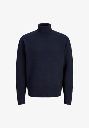 Tumedate turtleneck särk, mis on valmistatud tekstuursetest kudumismaterjalidest; omab pikki varrukaid ja lõdva istumisega disaini, koos ribakrae ja -äärega.