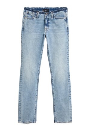 Lyseblå cowboybukser med høj talje og frynset øverste kant, med forlommer, bæltestropper og knaplukning.