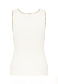 Top blanco sin mangas de punto con escote redondo que presenta un borde beige en forma de ondas a lo largo de los bordes y las sisas.