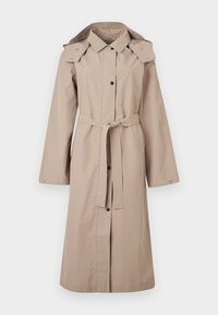 Trench-coat beige avec ceinture à la taille, fermeture par boutons, manches larges et capuche. Tissu lisse avec peu de détails et sans motifs.