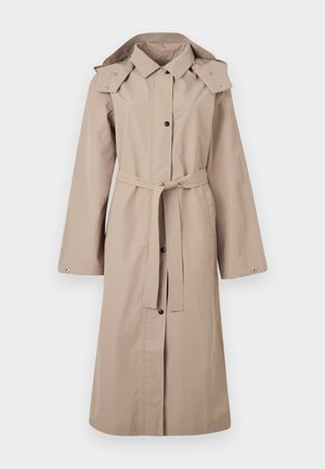 Beige trenchcoat med belte i midjen, knappelukking, vide ermer og hette. Glatt stoff med minimal detaljering og uten mønster.