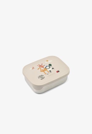 Beige rectangular lunchbox with rounded edges, featuring illustrations of a giraffe, panda, and ladybug, labeled "Around the World."