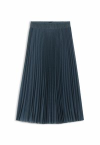 Plisse midi rok in donkerblauwgroen. Heeft een gemarmerde, elastische tailleband en verticale mesplooien, die zorgen voor flow en beweging.