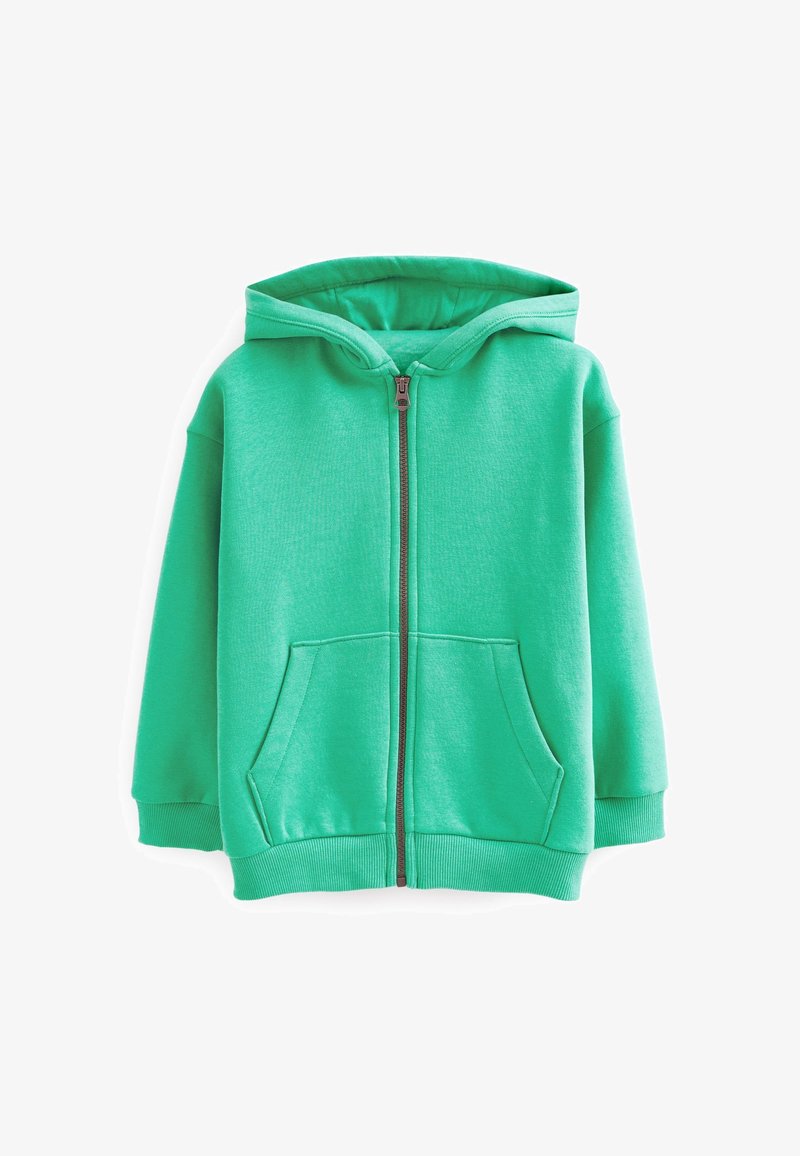 Sweat à capuche vert zippé avec poches avant, capuche, poignets et ourlet côtelés, présenté sur un fond blanc.