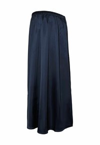 Lunga gonna in satin blu con cintura elastica. Design fluido, texture liscia e forma ampia che si estende fino alle caviglie.