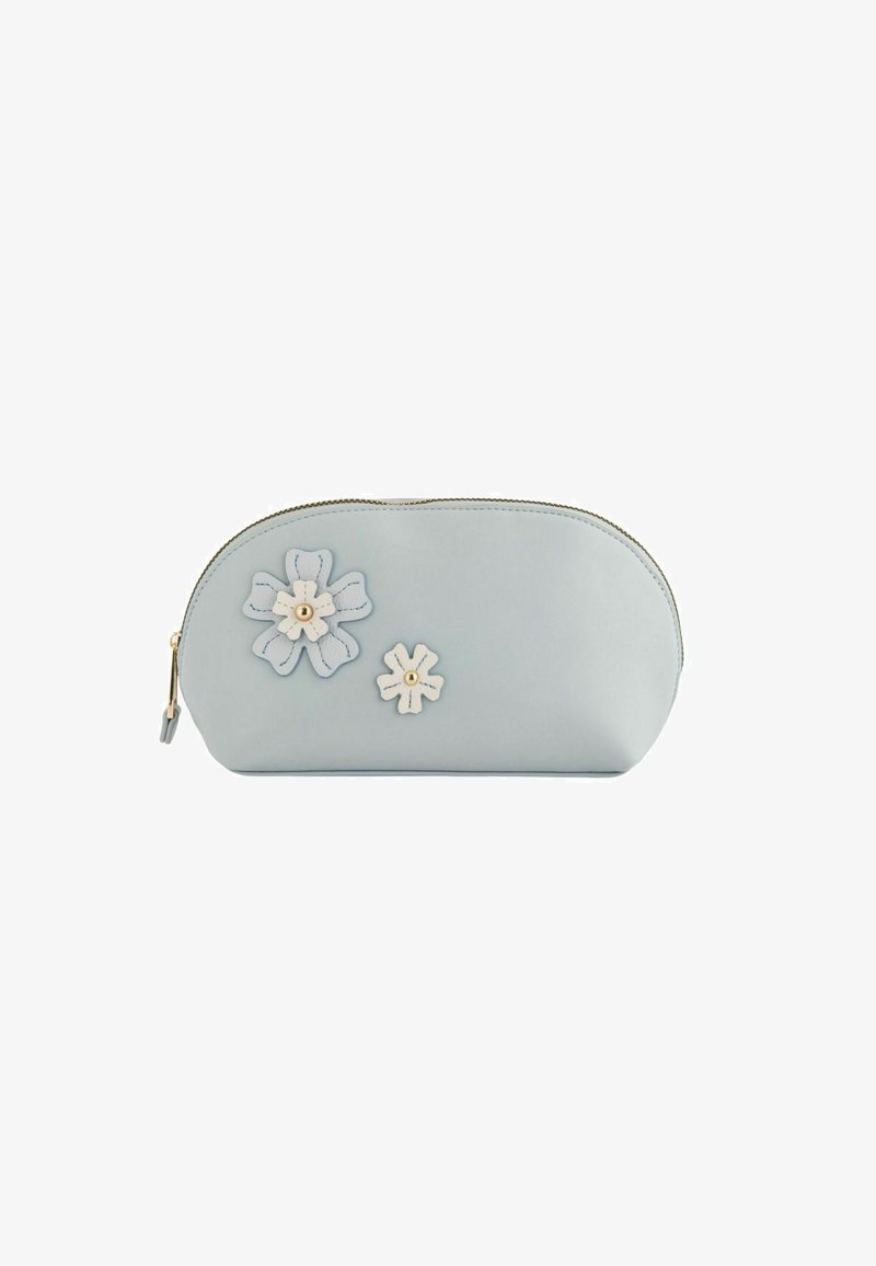 Light blue leather clutch with a rounded shape, featuring two flower appliqués in white with gold centers and gold zipper hardware.