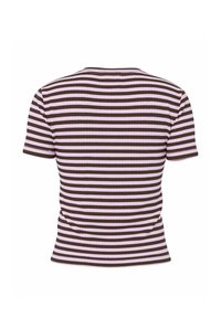 Kortærmet skjorte med horisontale brune og lyserøde striber, vist bagfra med rund halsudskæring.