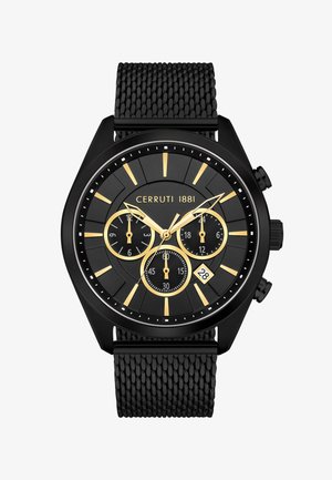 Schwarze Chronographuhr mit einem strukturierten Gummarb band. Verfügt über goldene Stundenmarkierungen, drei Zifferblätter und eine Datumsanzeige bei der 6-Uhr-Position.