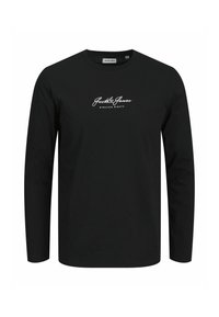 Melnā garām piedurknēm t-krekls ar balto "Jack & Jones Nineteen Ninety" logotipu centrā uz krūtīm.