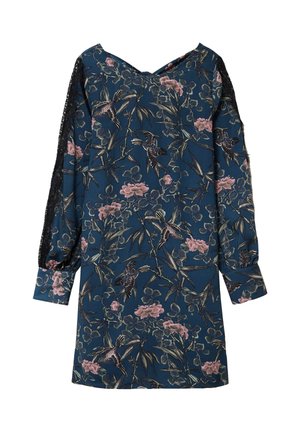 Langärmliges Kleid in dunklem Teal mit Blumen- und Vogelmustern, mit Spitzendetails an den Ärmeln und einem V-Ausschnitt. Weicher Stofftextur.
