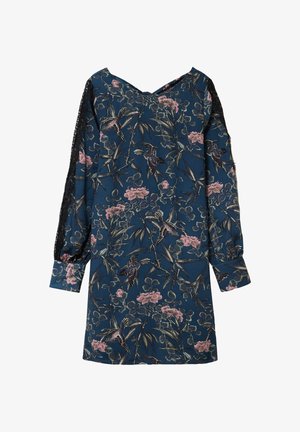 Langärmliges Kleid in dunklem Teal mit Blumen- und Vogelmustern, mit Spitzendetails an den Ärmeln und einem V-Ausschnitt. Weicher Stofftextur.