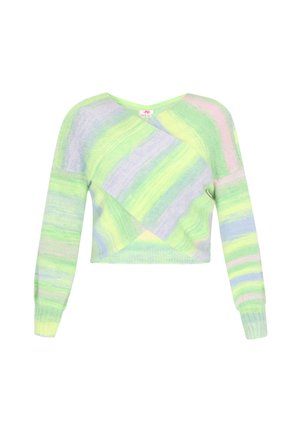 Lekki, krótki sweter w pastelowe zielone, niebieskie i różowe paski. Posiada długie rękawy i dekolt w kształcie litery V. Miękka tekstura.