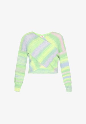 Maglione leggero e corto a righe nei colori verde pastello, blu e rosa. Presenta maniche lunghe e un colletto a V. Texture morbida.